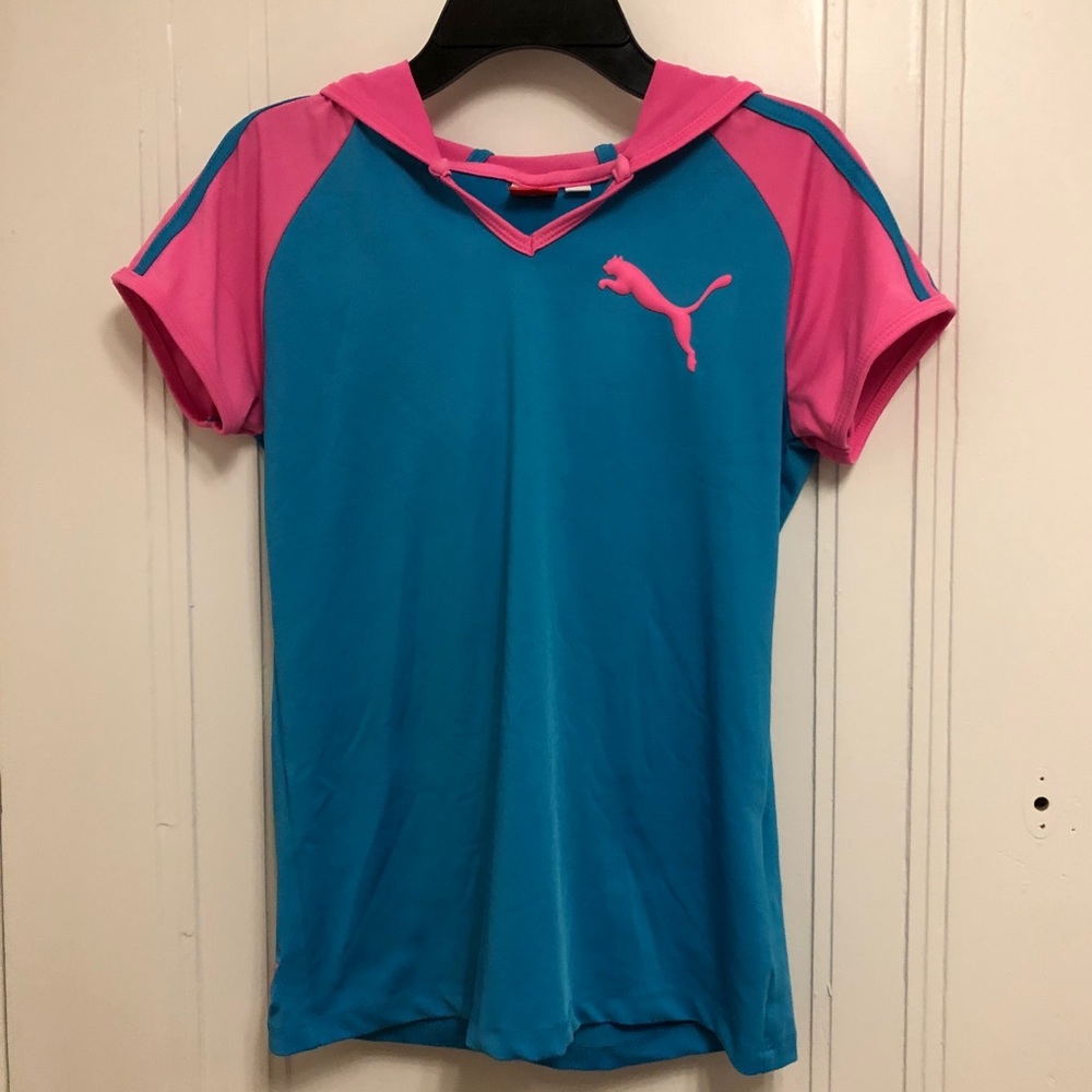 Pink and Blue Puma Short Sleeve Dry Fit with Hood